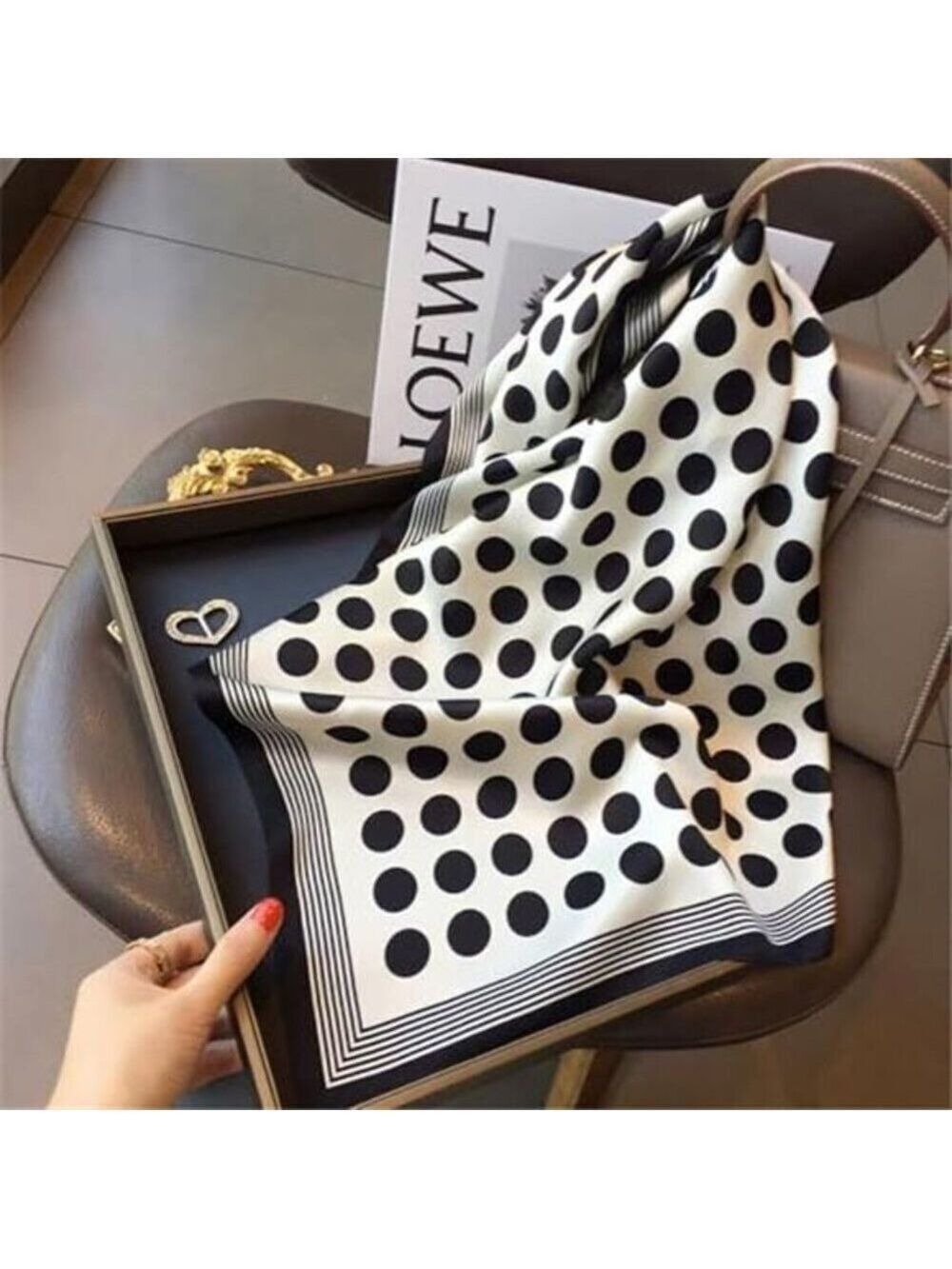 Black White Polka Dot Scarf Silk Feel Retro